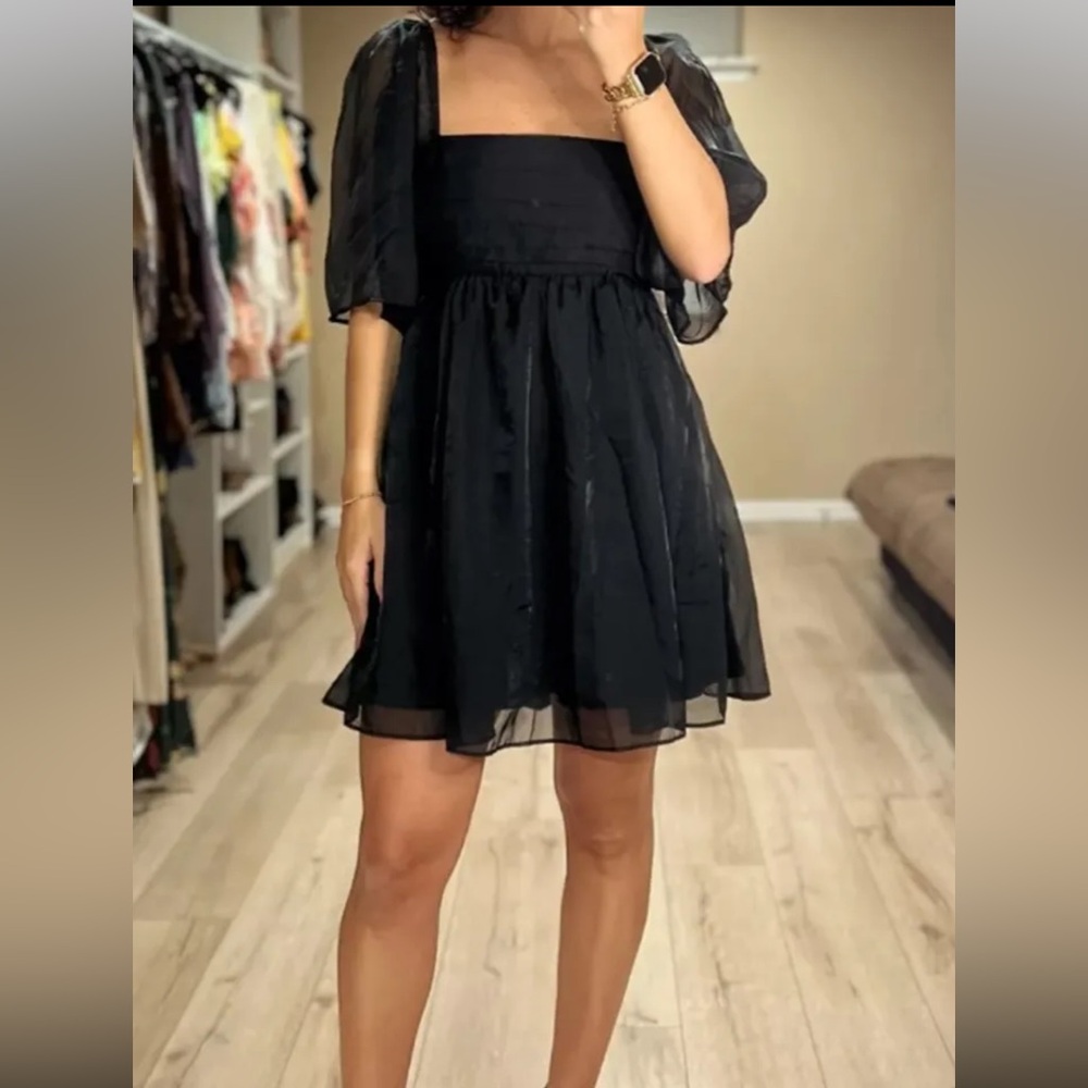 Abercrombie & Fitch Black Mini Square-Neck Puff Sleeve Dress